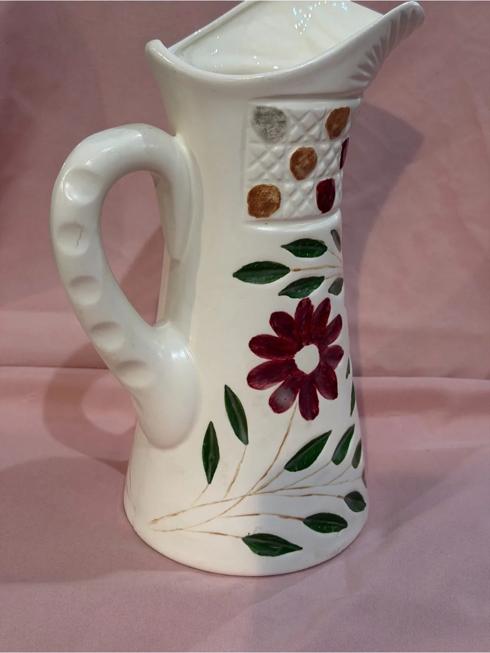 Vintage Hand-Painted Floral Ceramic Pitcher- Cottage core Home Decor